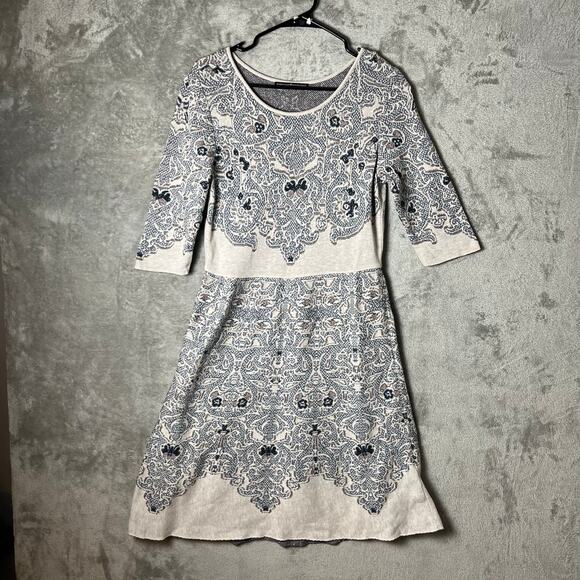 Peruvian Connection Blue Ivory Knit Dress Artisan Boho Print 3/4 Sleeve Medium - Picture 1 of 7